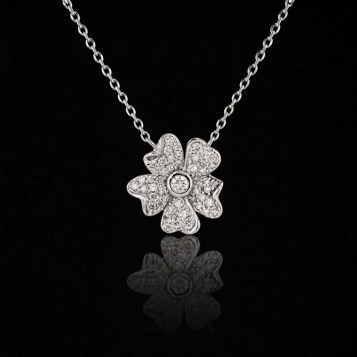 14Kt White Gold Natural Diamond Floral Necklace