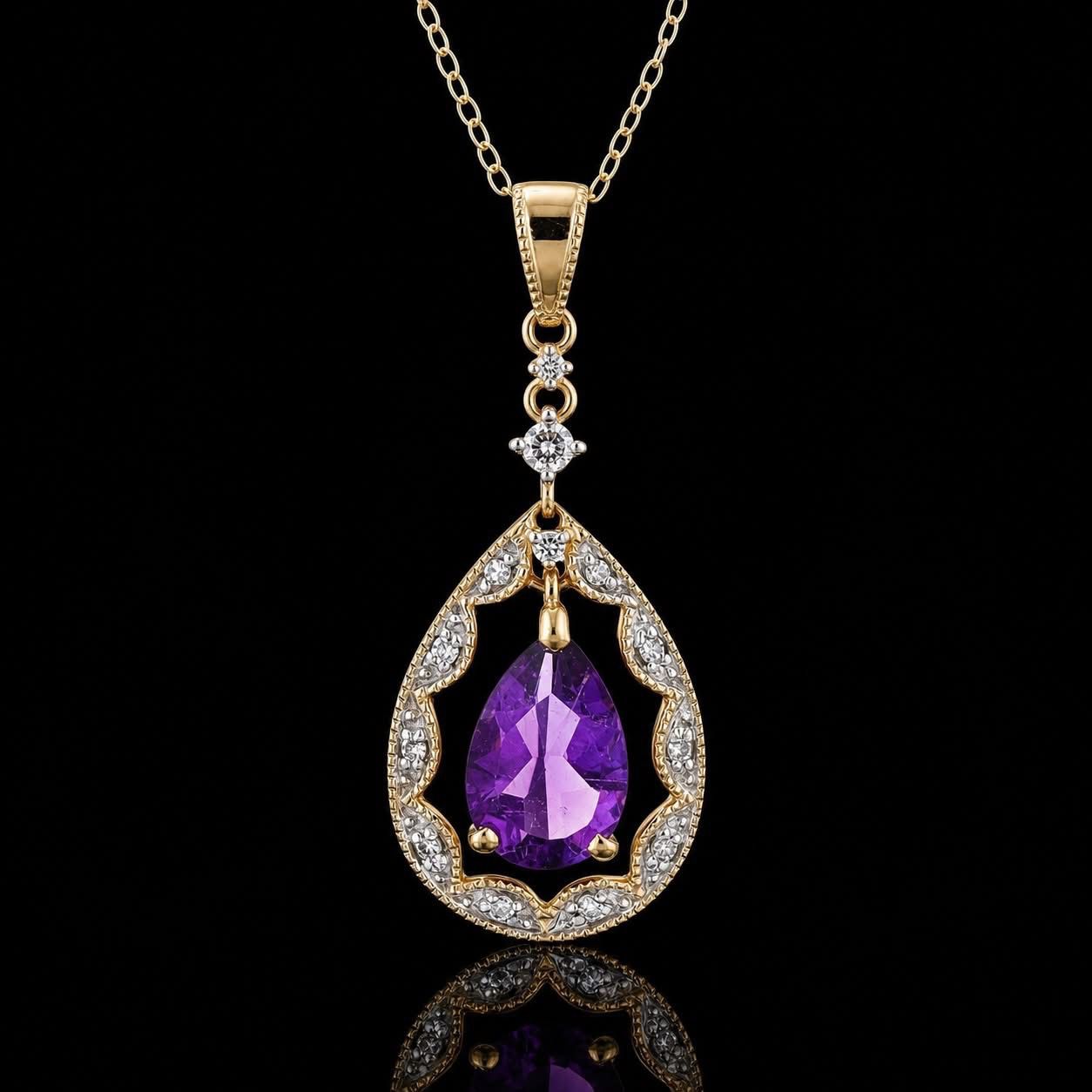 14KT Yellow Gold Pear Amethyst Pendant with Diamond Accents