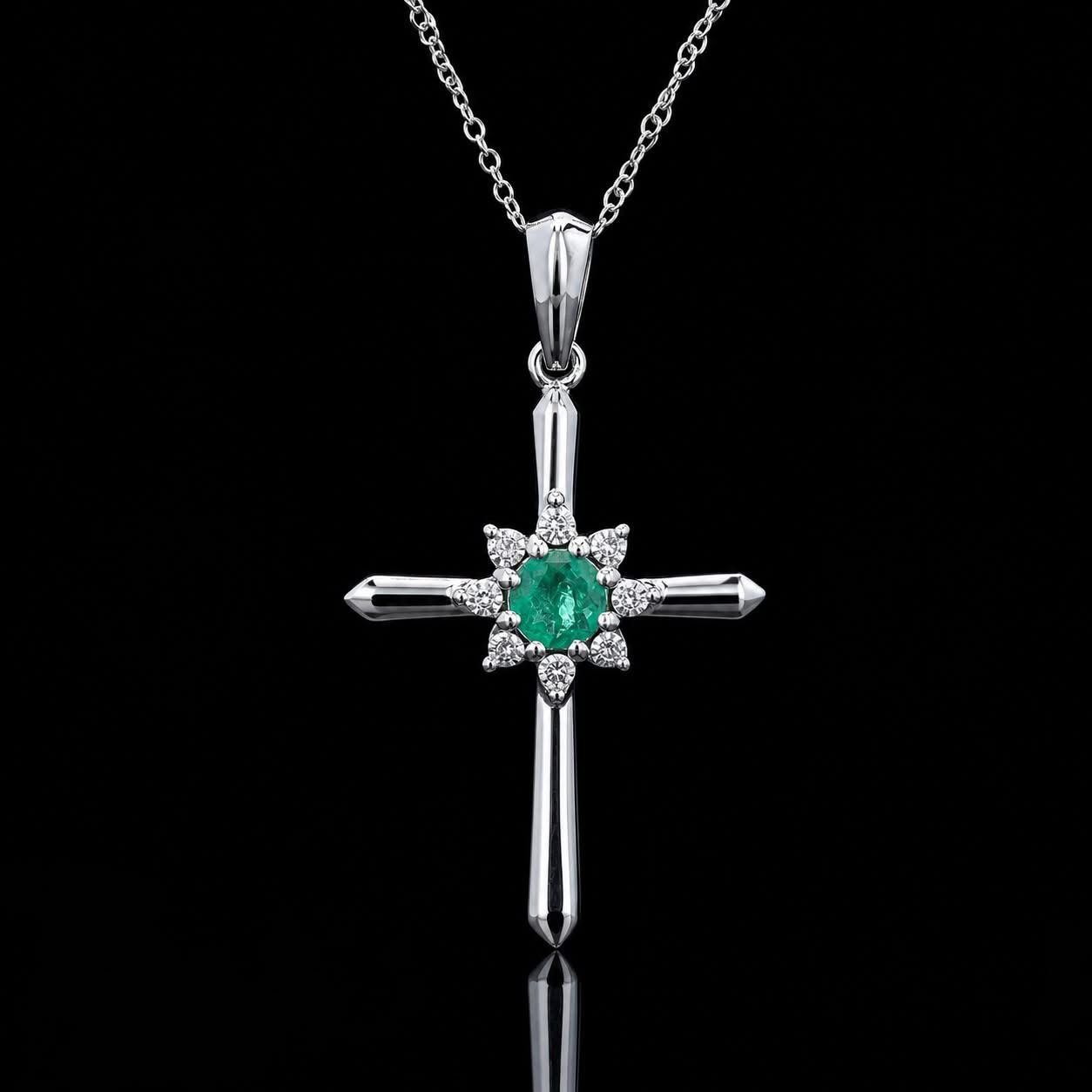 14KT White Gold Emerald & Diamond Cross Pendant