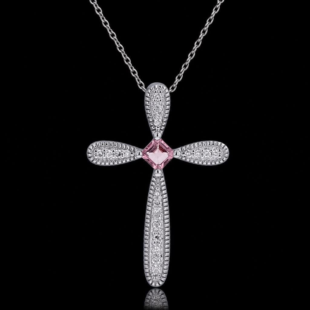 14KT White Gold Pink Sapphire & Diamond Cross Pendant