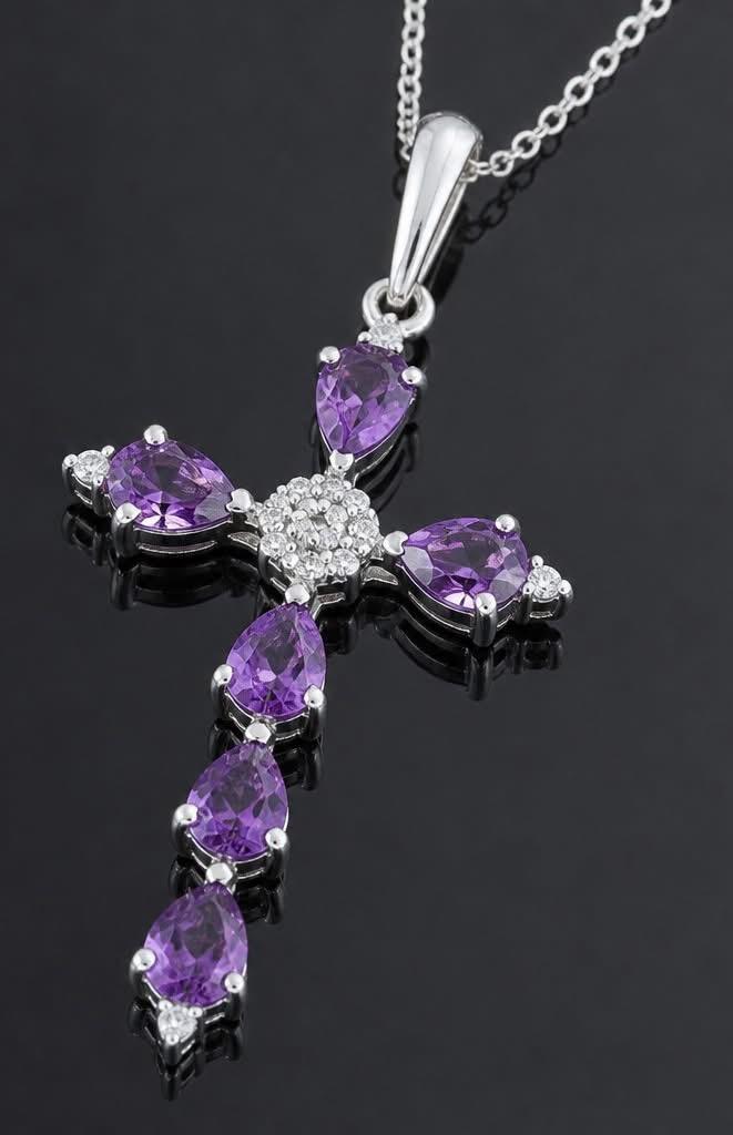 10KT White Gold Amethyst & Diamond Cross Pendant Necklace
