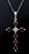 10KT White Gold Garnet & Diamond Cross Pendant Necklace
