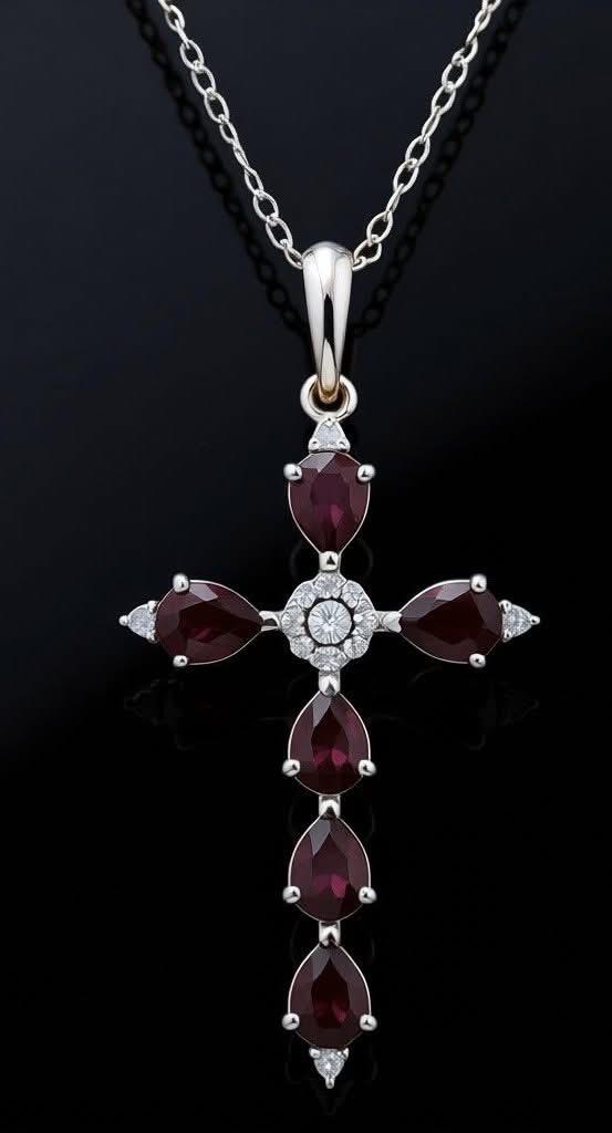10KT White Gold Garnet & Diamond Cross Pendant Necklace