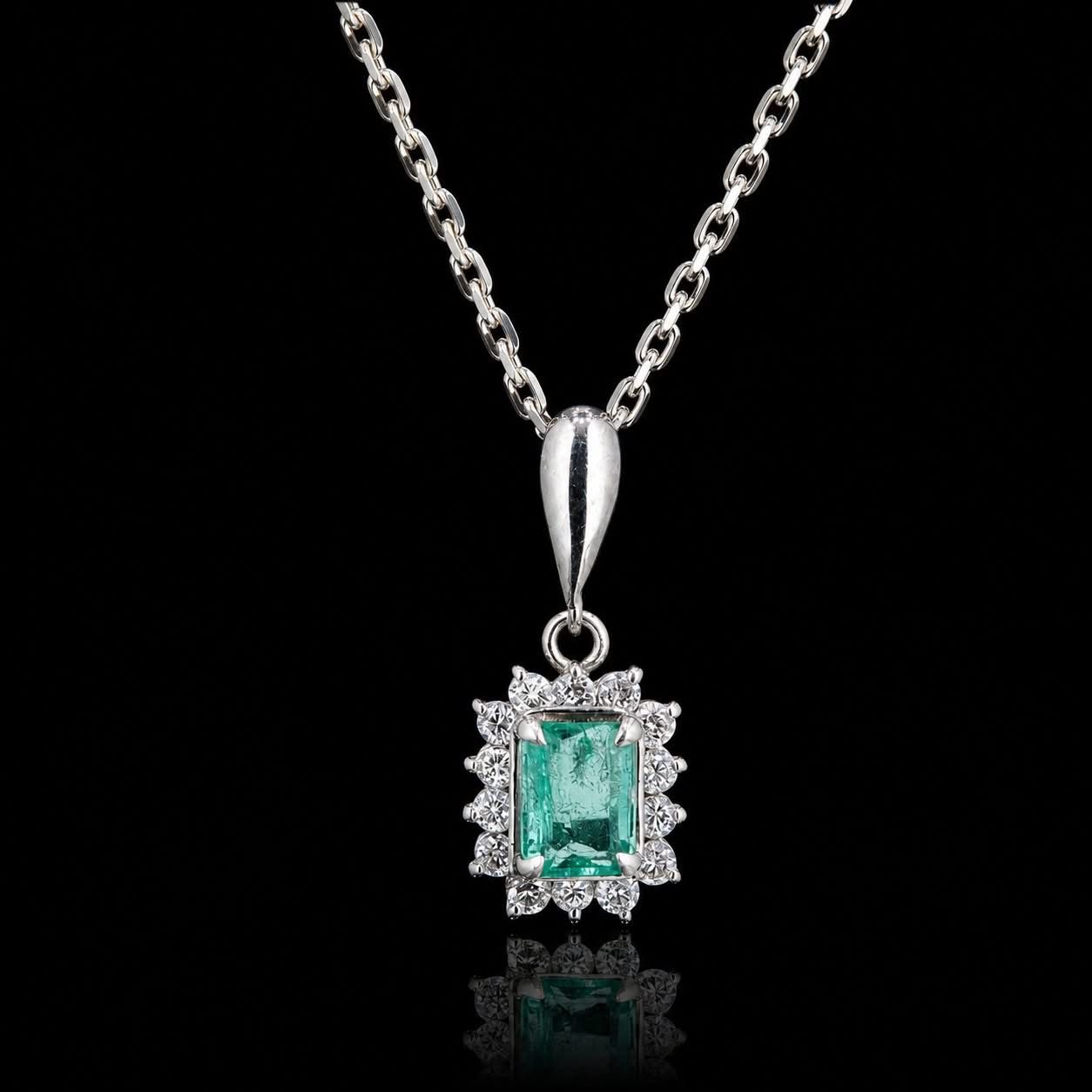 Platinum Emerald & Diamond Halo Pendant Necklace